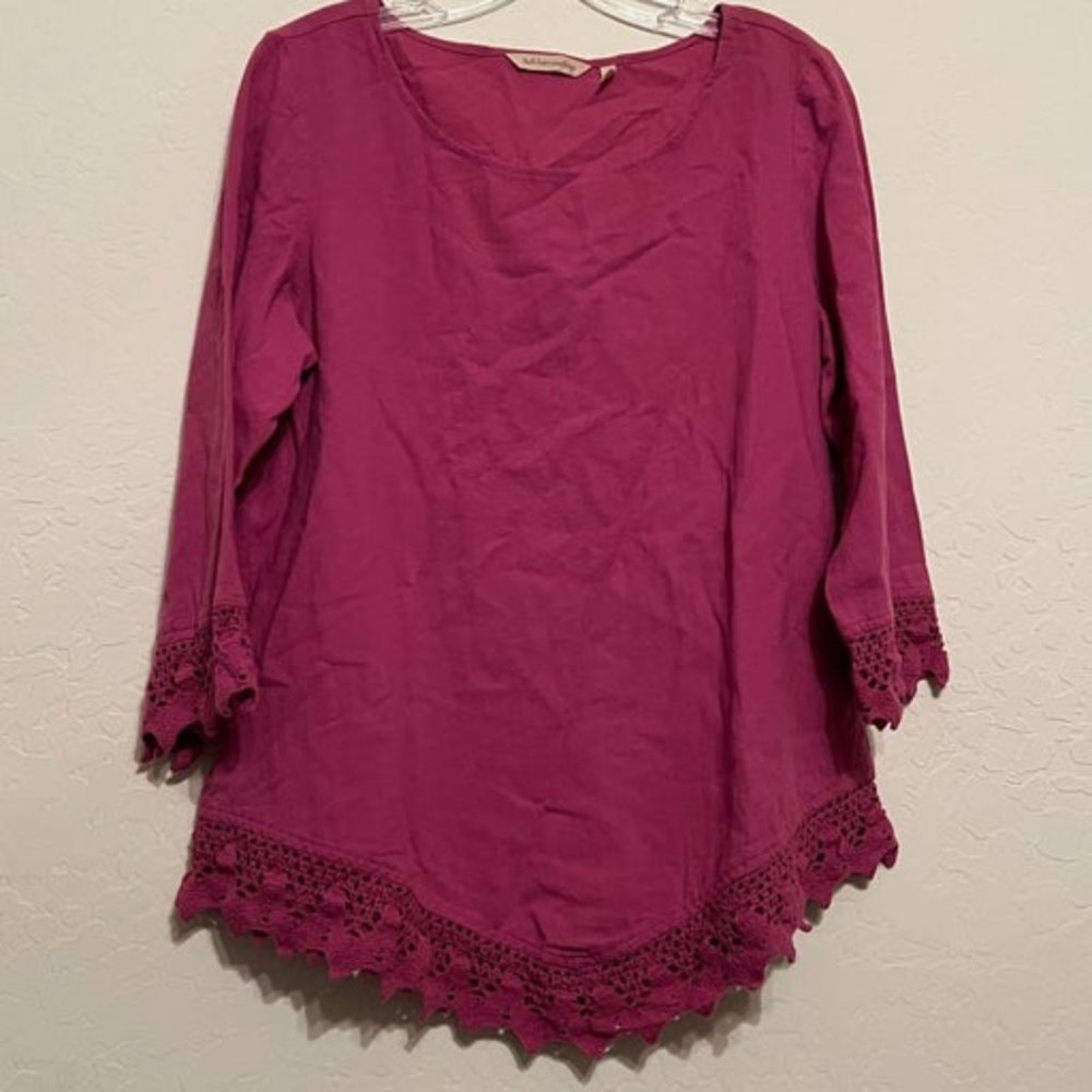 Soft surroundings pink Rialto crochet hem shirt S